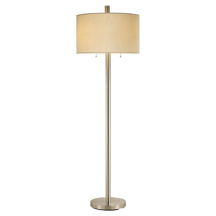 Contemporary Matte Black Floor Lamp, White Drum Shade, Dual Pull Chains