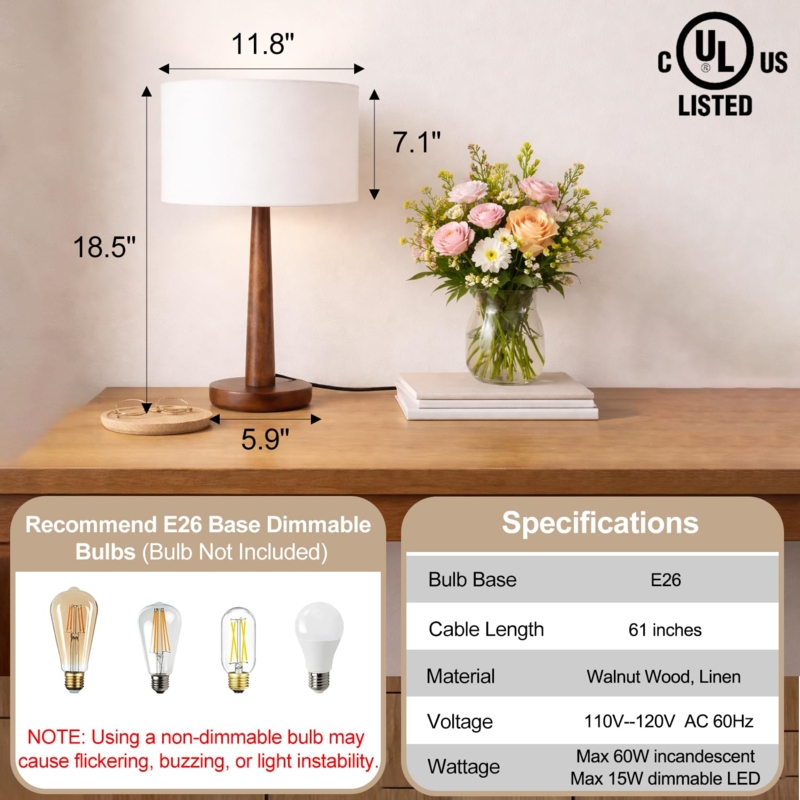 Contemporary Table Lamp with Tapered Wood Base and Textured Drum Shade