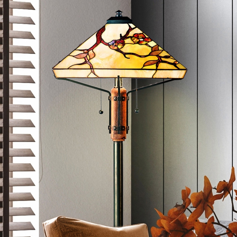 Craftsman Floor Lamp Tiffany Style Shade Wood Base Traditional