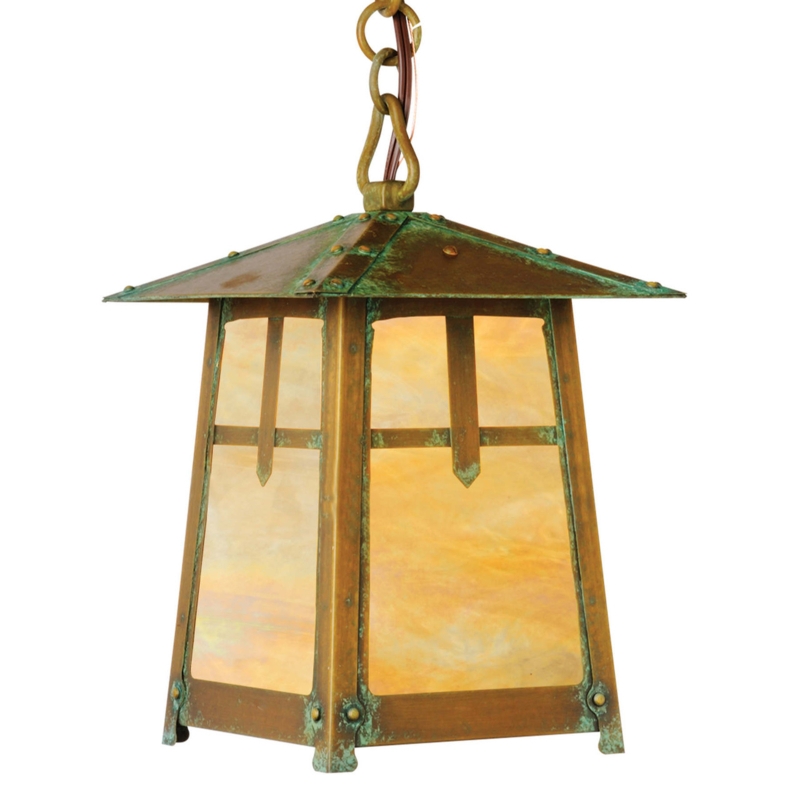 Craftsman Lantern Pendant Light Tree Filigree Overlay Amber Glass
