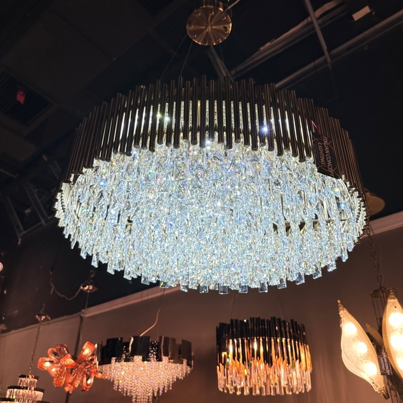 Crystal Chandelier Matte Black Architectural Frame Tiered Fringe