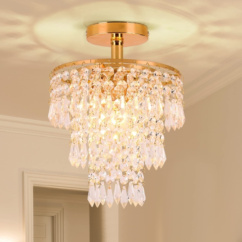 Crystal Chandelier: Polished Finish Flush Mount Three-Tier Raindrops