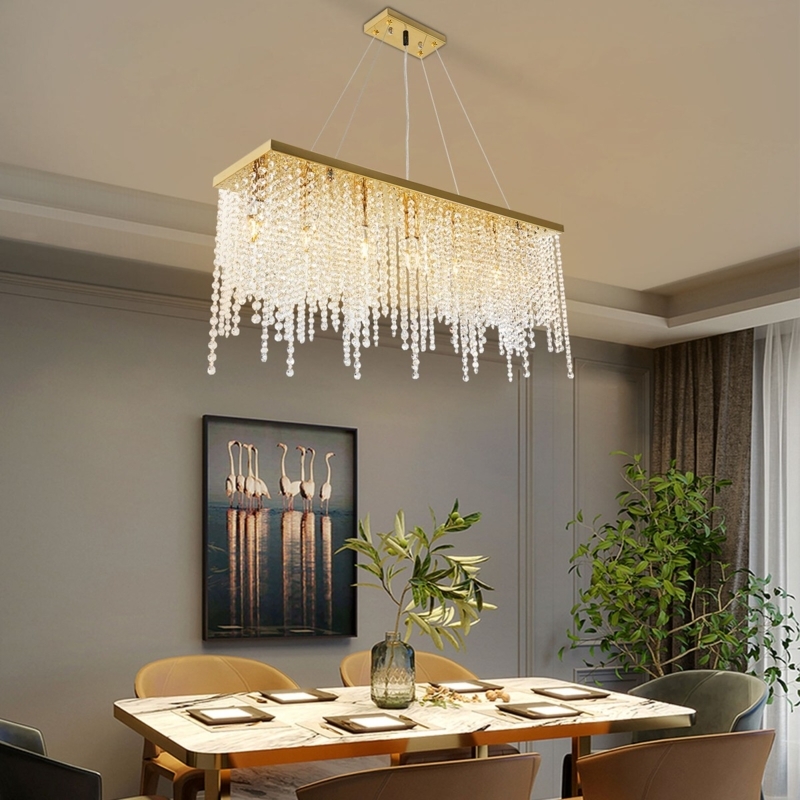 Crystal Chandelier Rectangular Frame Rain Drop Design Cascading Light