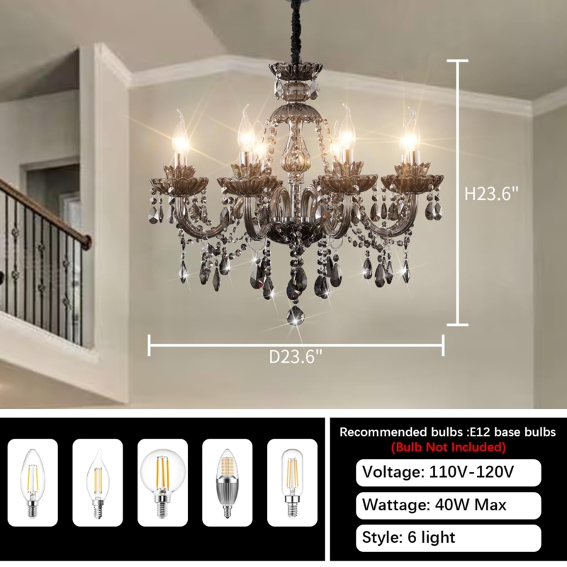 Crystal Chandelier Smoky Gray Teardrop Scrollwork Arms Antique Traditional
