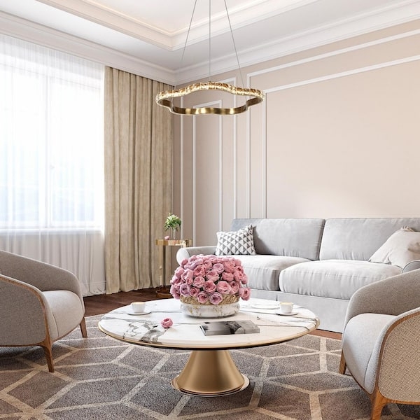 Crystal Ring Chandelier, Brass Circle Frame, Modern Faceted LED.