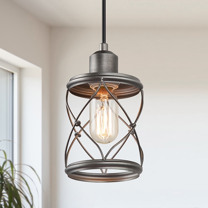 Cylindrical Cage Mini Pendant Light Dark Pewter Industrial