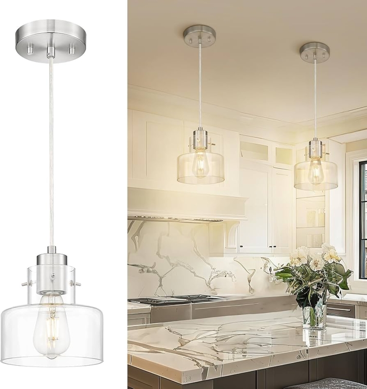 Cylindrical Pendant Light Clear Glass Shade Brushed Nickel Minimalist