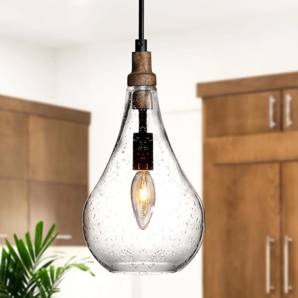 Cylindrical Pendant Light Matte Black Wood Toned Accents Open Cage