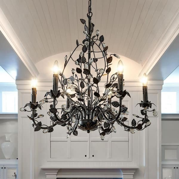 Dark Bronze Leaf Chandelier with Crystal Drops, Botanical Design
