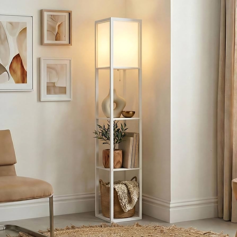 Dark Wood Shelf Floor Lamp, Rectangular Shade, Space-Saving Design