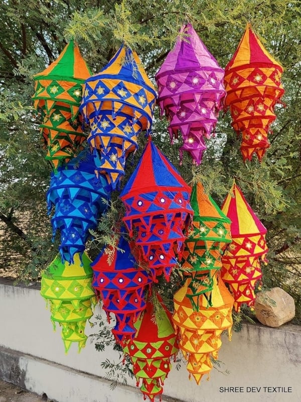 Decorative Lantern Set: Bohemian Hanging Fabric with Patchwork