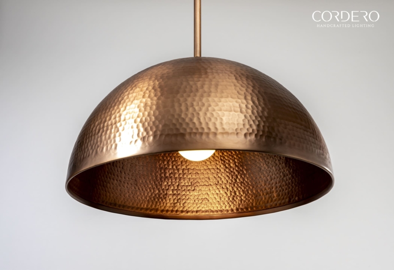 Dimpled Surface Pendant Light, Warm Metallic Hammered Finish Closeup