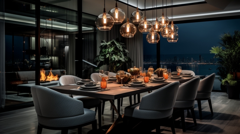 Dining Table Linear Pendant Light Architectural Glass Wall Design