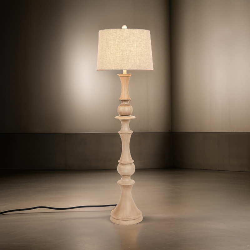 Distressed Cream Floor Lamp Urn Base Tapered Shade Coastal Style