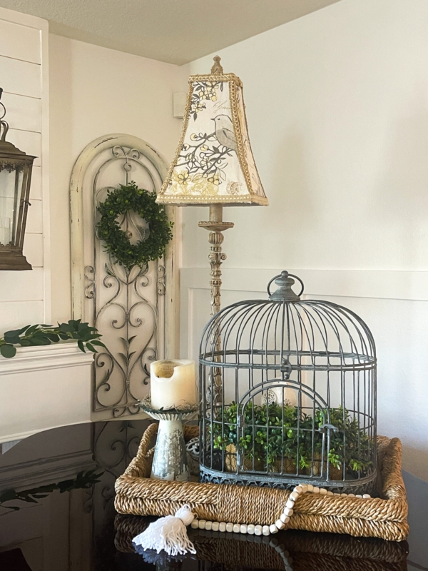 Distressed Whitewashed Table Lamp Ornate Scrollwork Base Cream Drum Shade
