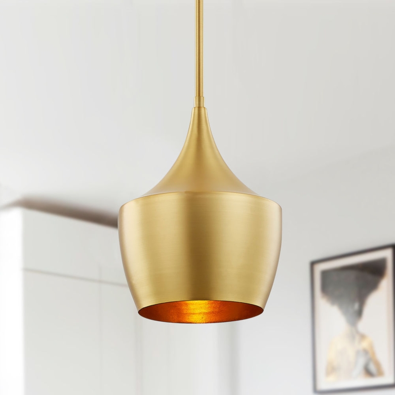 Dome Pendant Light Gold Metallic White Interior Mid-Century Dining Room