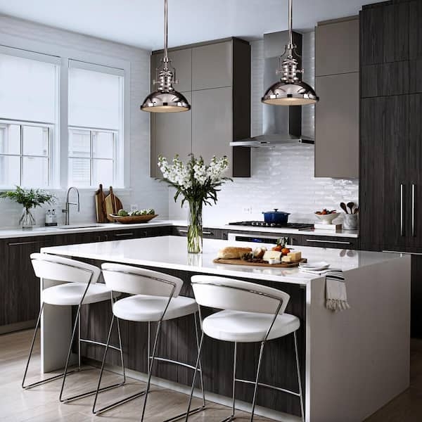 Dome Pendant Light Polished Nickel Wide Silhouette Industrial Kitchen