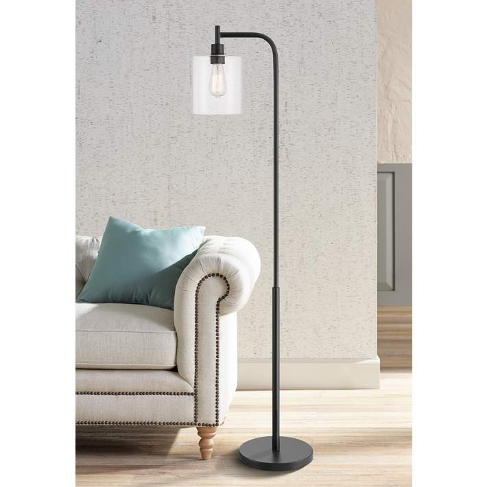 Downbridge Floor Lamp with Clear Glass Shade and Arched Neck, Industrial