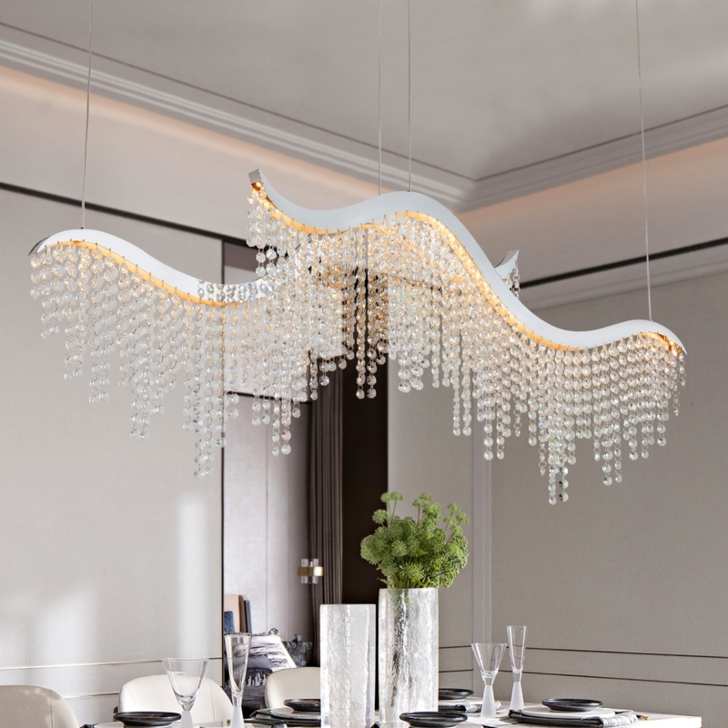Dramatic Wave Crystal Chandelier Rectangular Base Dangling Prisms