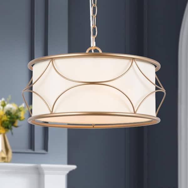Drum Chandelier 3-Light Champagne Gold Fabric Shade Farmhouse Style
