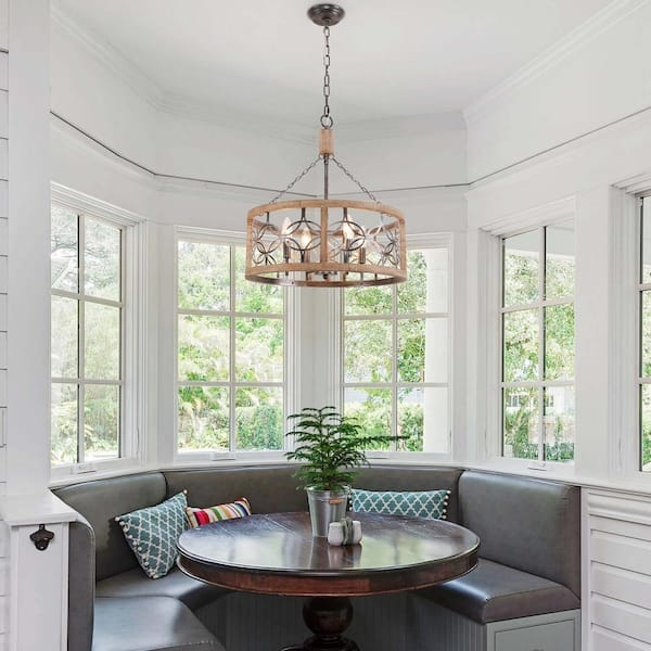 Drum Chandelier 4-Light Weathered Wood X-Brace Frame French Country