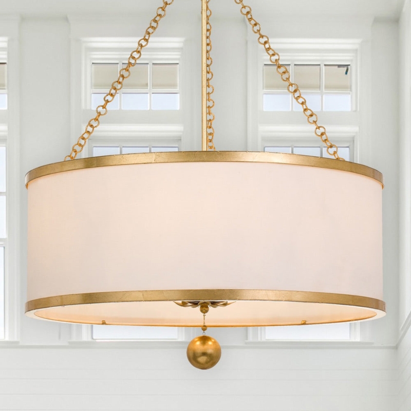 Drum Chandelier Antique Gold Leaf Metal Motifs Tiered Design Glam