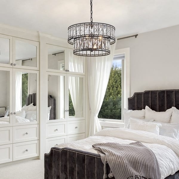 Drum Chandelier Black Frame Tiered Crystal Glam Dining Light
