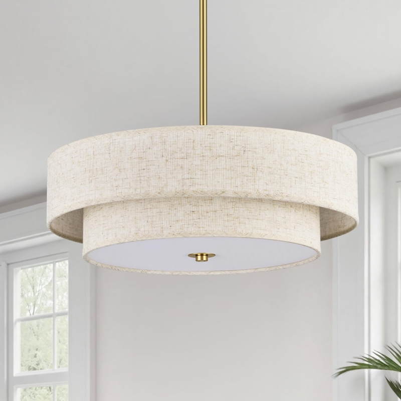 Drum Chandelier Brushed Brass Two Layer Fabric Shade Transitional Light