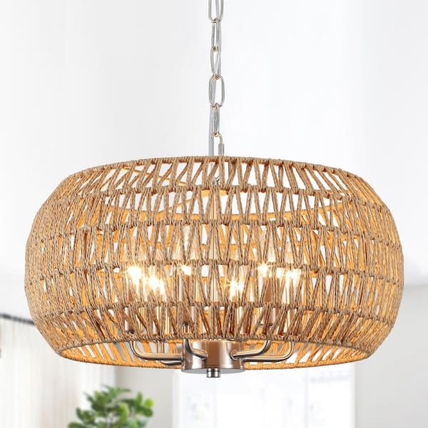 Drum Chandelier Brushed Nickel Frame Hemp Rope Shade Coastal Style