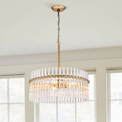 Drum Chandelier Crystal Drum Brushed Brass Finish Glam Dining Room