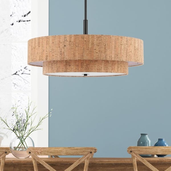 Drum Chandelier Double Shaded Matte Black Mottled Cork Earthy Style