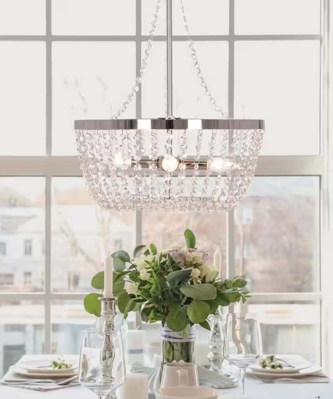 Drum Chandelier, Glam Polished Nickel Lattice with Crystal Beads