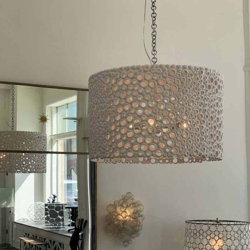 Drum Chandelier Gold Perforated Metal Shade Tiered Drop Accents Glam