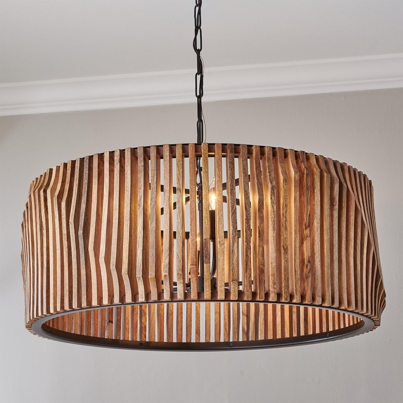 Drum Chandelier Mango Wood Accents Vertical Slats Rustic Industrial