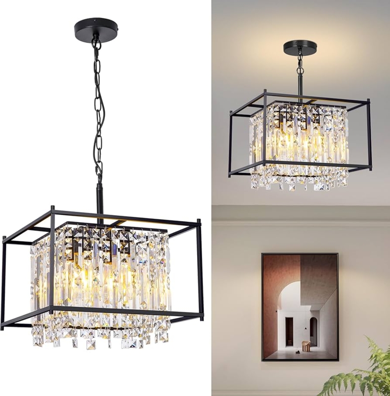 Drum Chandelier Matte Black Tiered Crystal Fringe Modern Glam Fixture