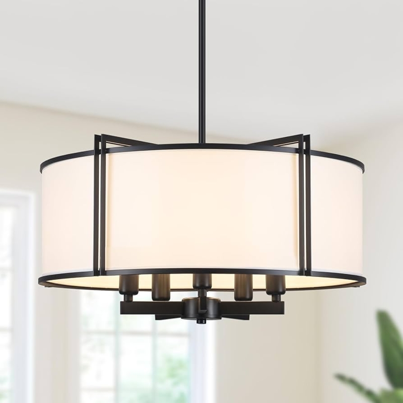 Drum Chandelier Modern Black Lighting White Textile Shade Metal Cage