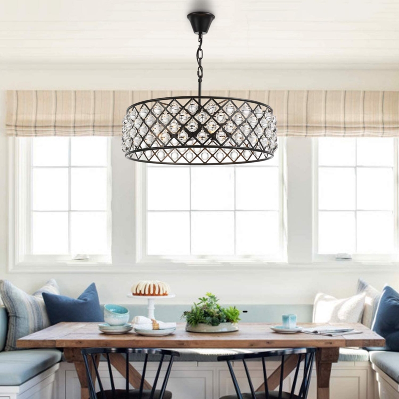 Drum Chandelier: Modern Glam Matte Black Frame with Faceted Crystals