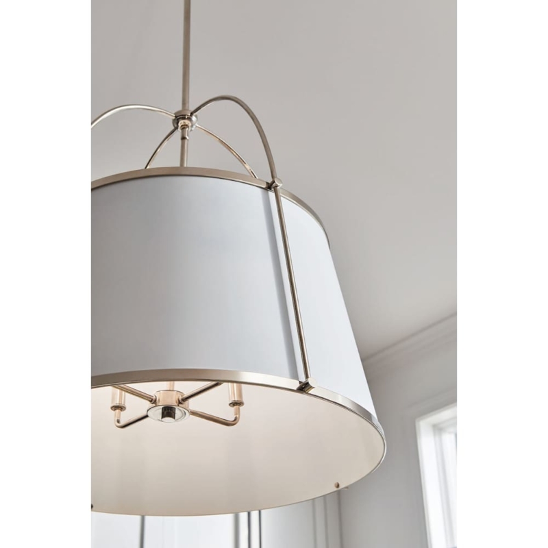 Drum Chandelier Polished Nickel White Fabric Shade Transitional