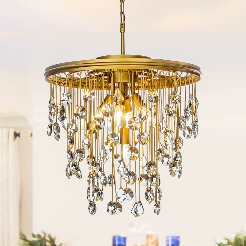 Drum Chandelier Raindrop Crystals, Antique Finish Cascading Light