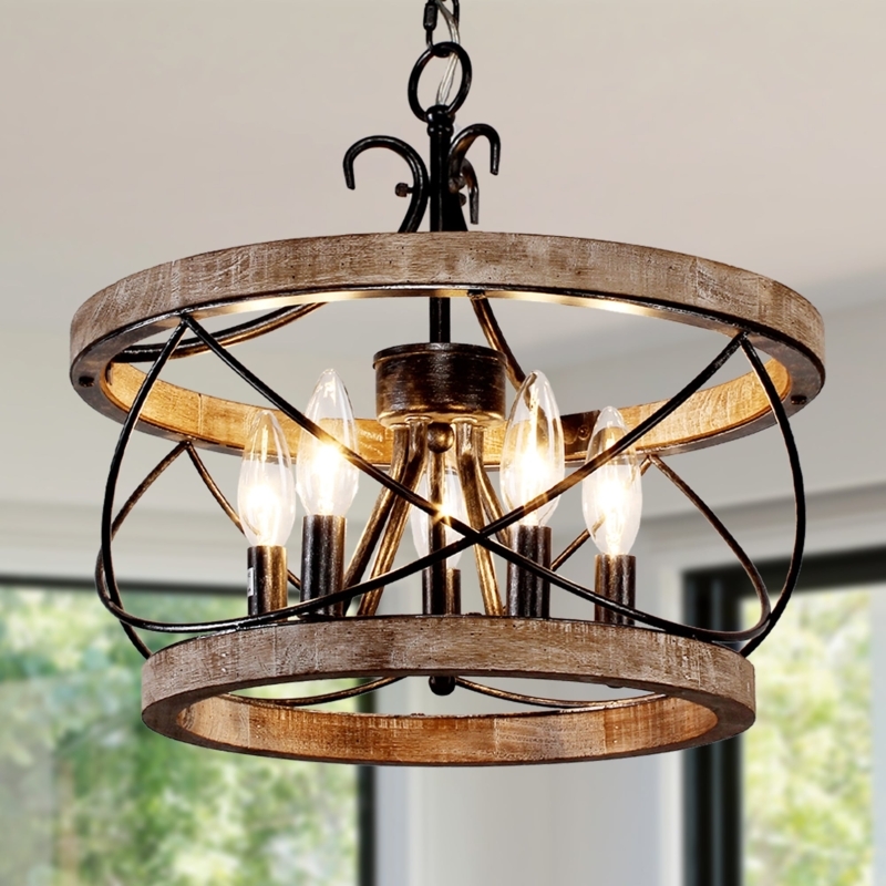 Drum Chandelier Rustic Wood and Metal with Five Light Slat Frame