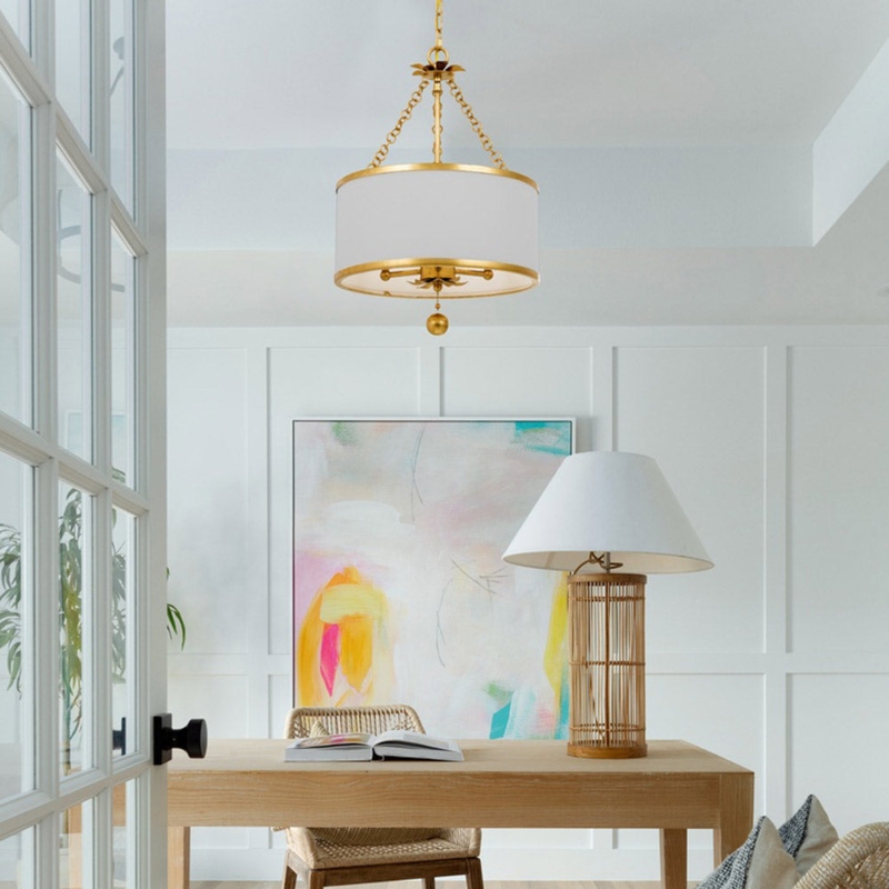 Drum Chandelier Sculptural Leaves White and Gold Two-Tone Finish