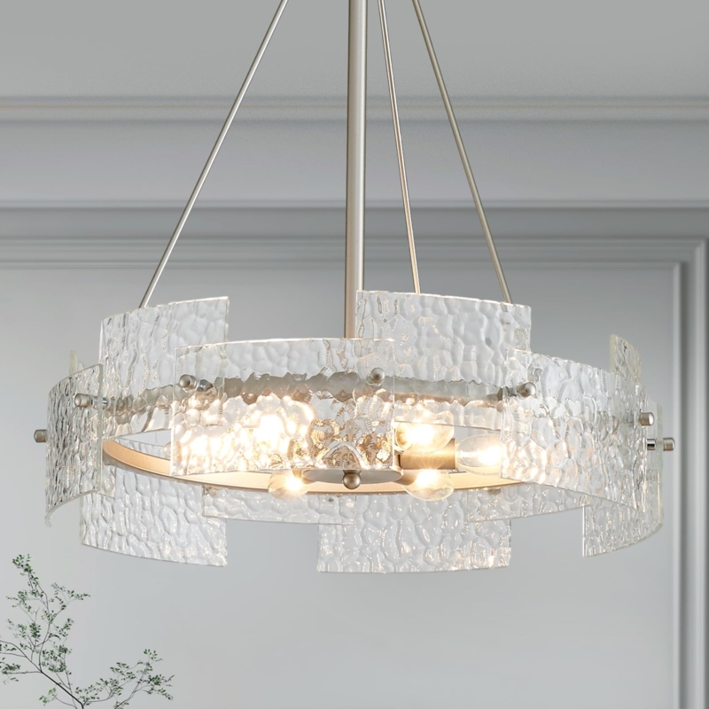 Drum Chandelier Silver Frame Clear Glass Panels Farmhouse Style