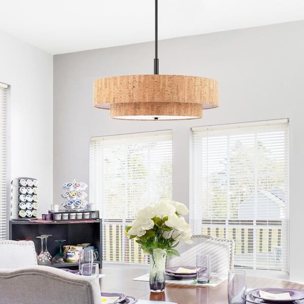 Drum Chandelier Textured Cork Shades Matte Black Double Layer