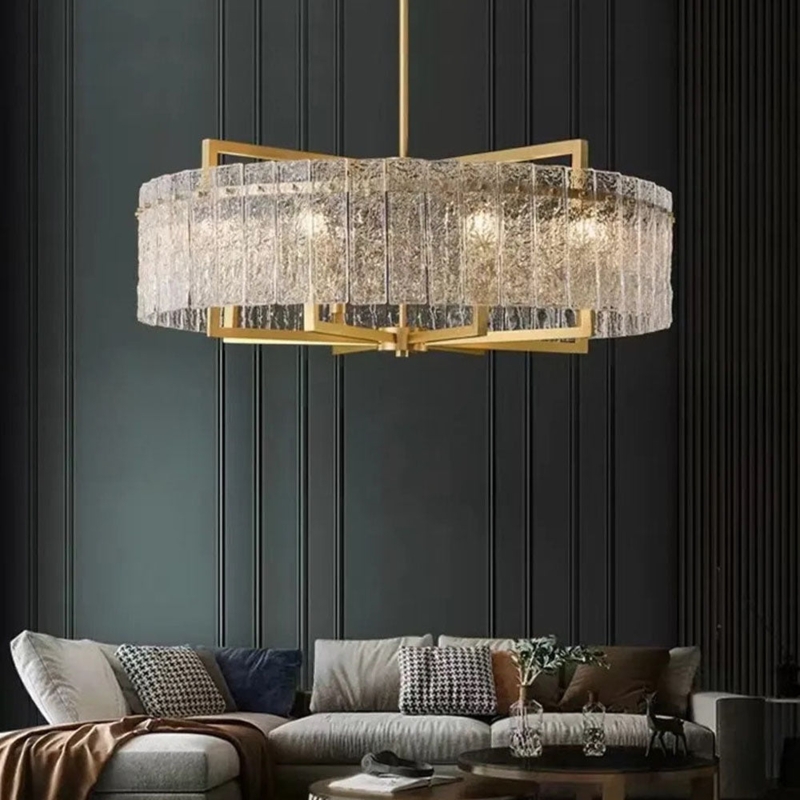 Drum Chandelier Tiered Glass Rods Brushed Brass Finish Modern Glam