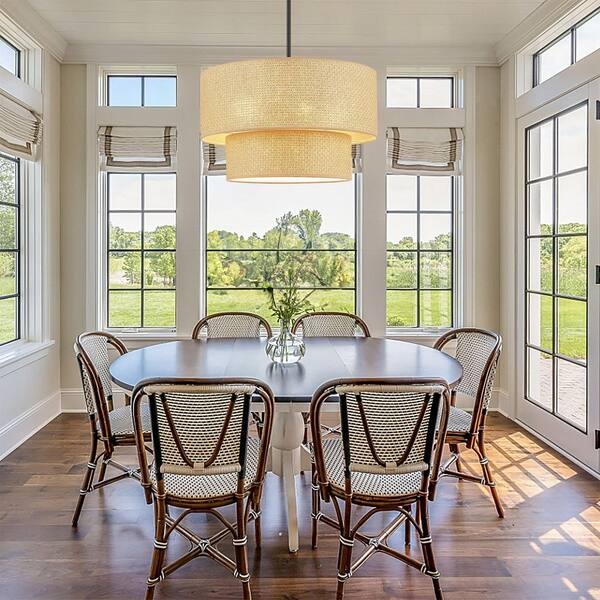 Drum Chandelier Two Tier Tan Fabric Shade Woven Texture Transitional
