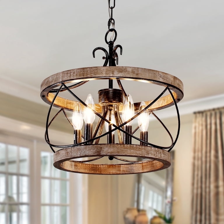 Drum Chandelier Weathered Wood Frame Rustic Farmhouse Dining Candelabra.