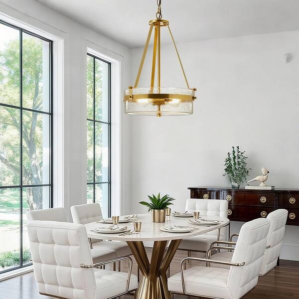 Drum Chandelier with Gold Frame and Glass Rod Fringe