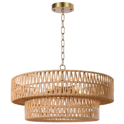 Drum Chandelier with Woven Rattan Shade for Coastal Farmhouse Style
