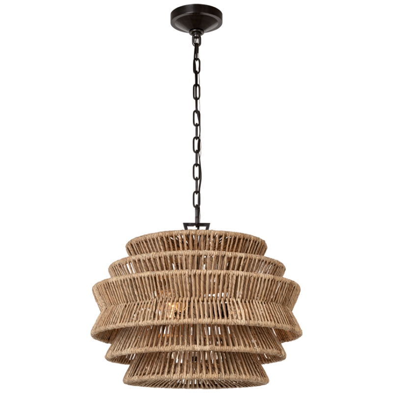 Drum Chandelier Woven Abaca Shade Bronze Hardware Coastal Transitional