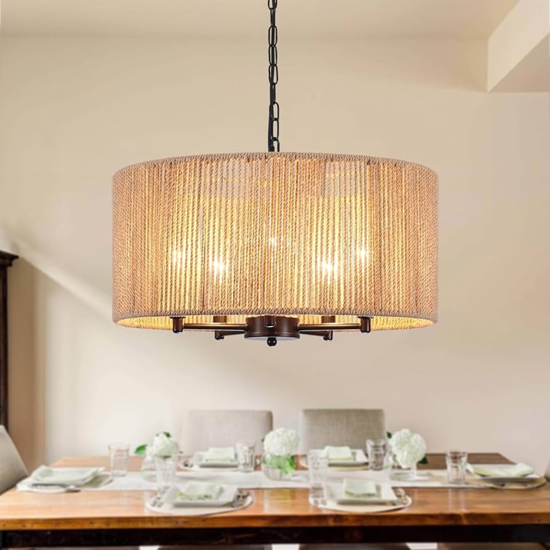 Drum Chandelier Woven Cord Shade Black Frame Bohemian Style